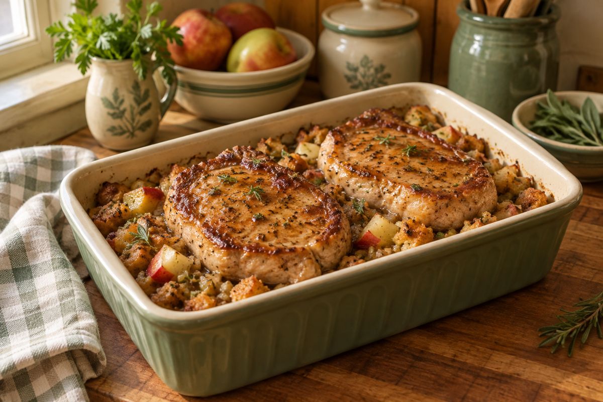 Pork chops on stuffing